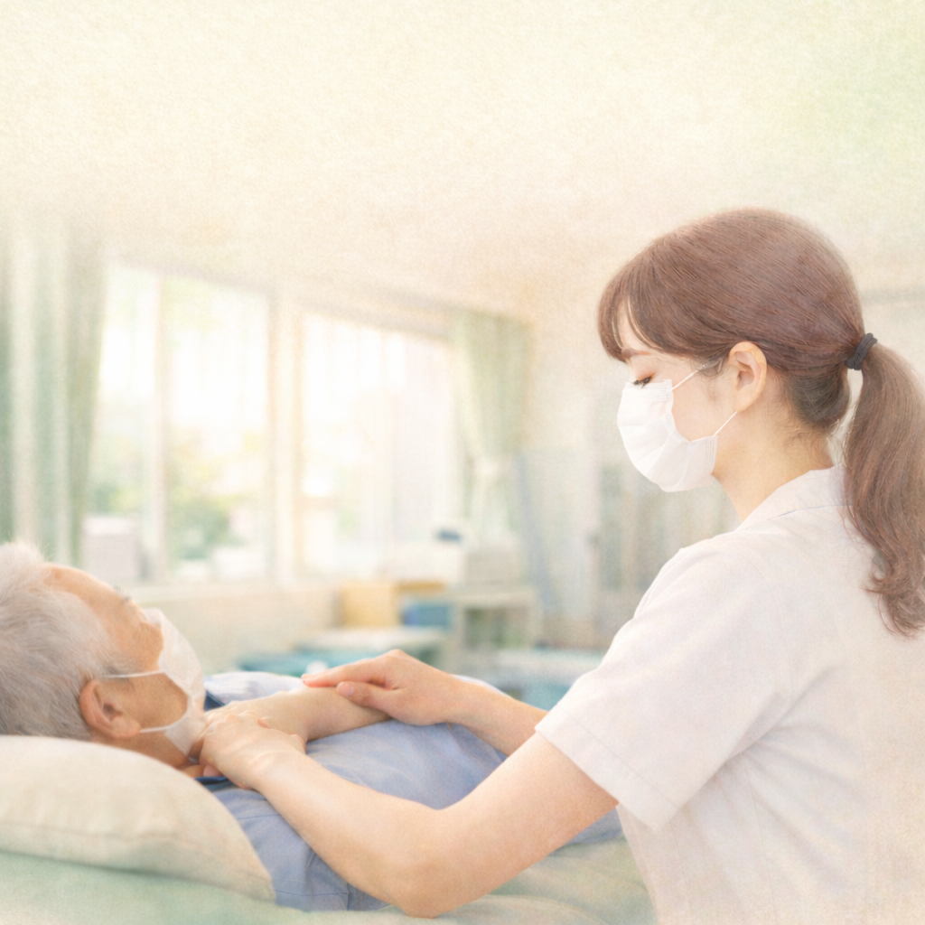 整形外科リハビリ室で、白いマスクを着用した女性施術者が、施術ベッドに横たわる高齢男性の腕にやさしく触れている様子。白と淡いグリーンを基調とした室内に自然光が差し込み、上部にはタイトル用の余白がある、やわらかなパステル調のアイキャッチ画像。