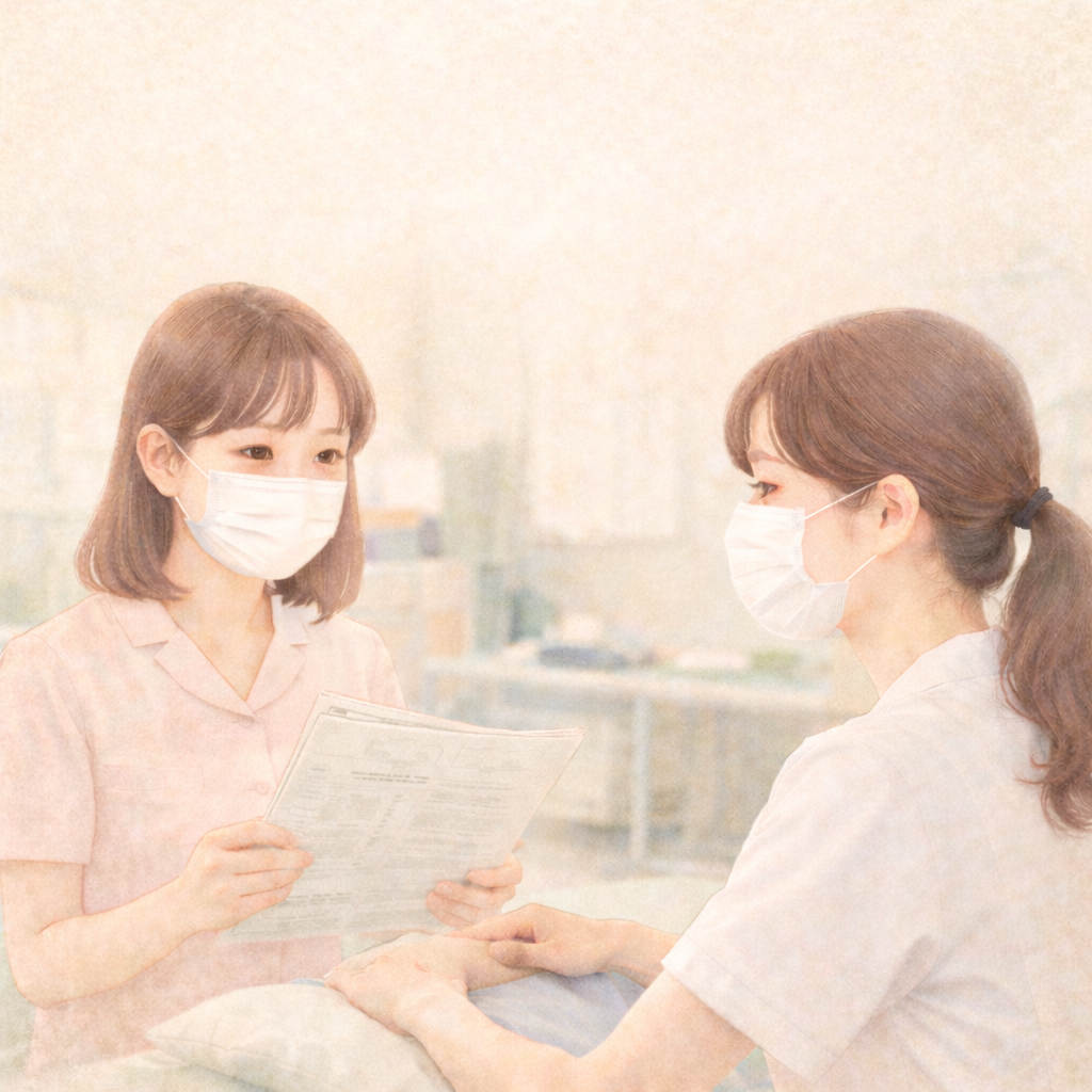 マスクを着用した女性スタッフがカルテを読み上げ、施術者が静かに耳を傾けているパステル調の医療現場イラスト