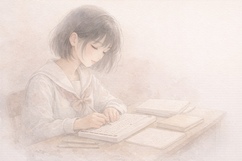 机で学びに向き合う若い女性の水彩イラスト（点字器具やノートを前に）