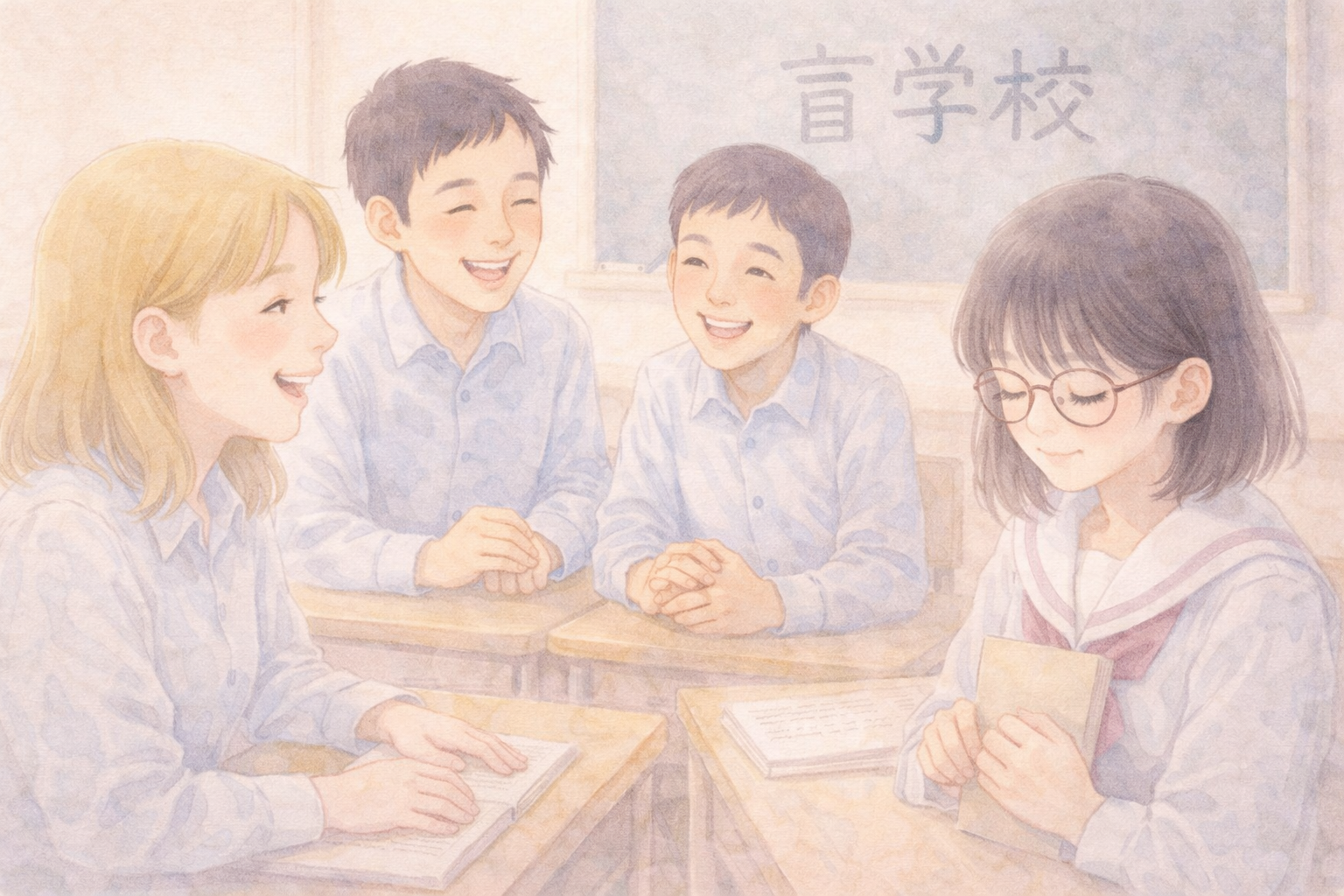 A watercolor illustration of students smiling and talking together in a classroom at a school for the blind.