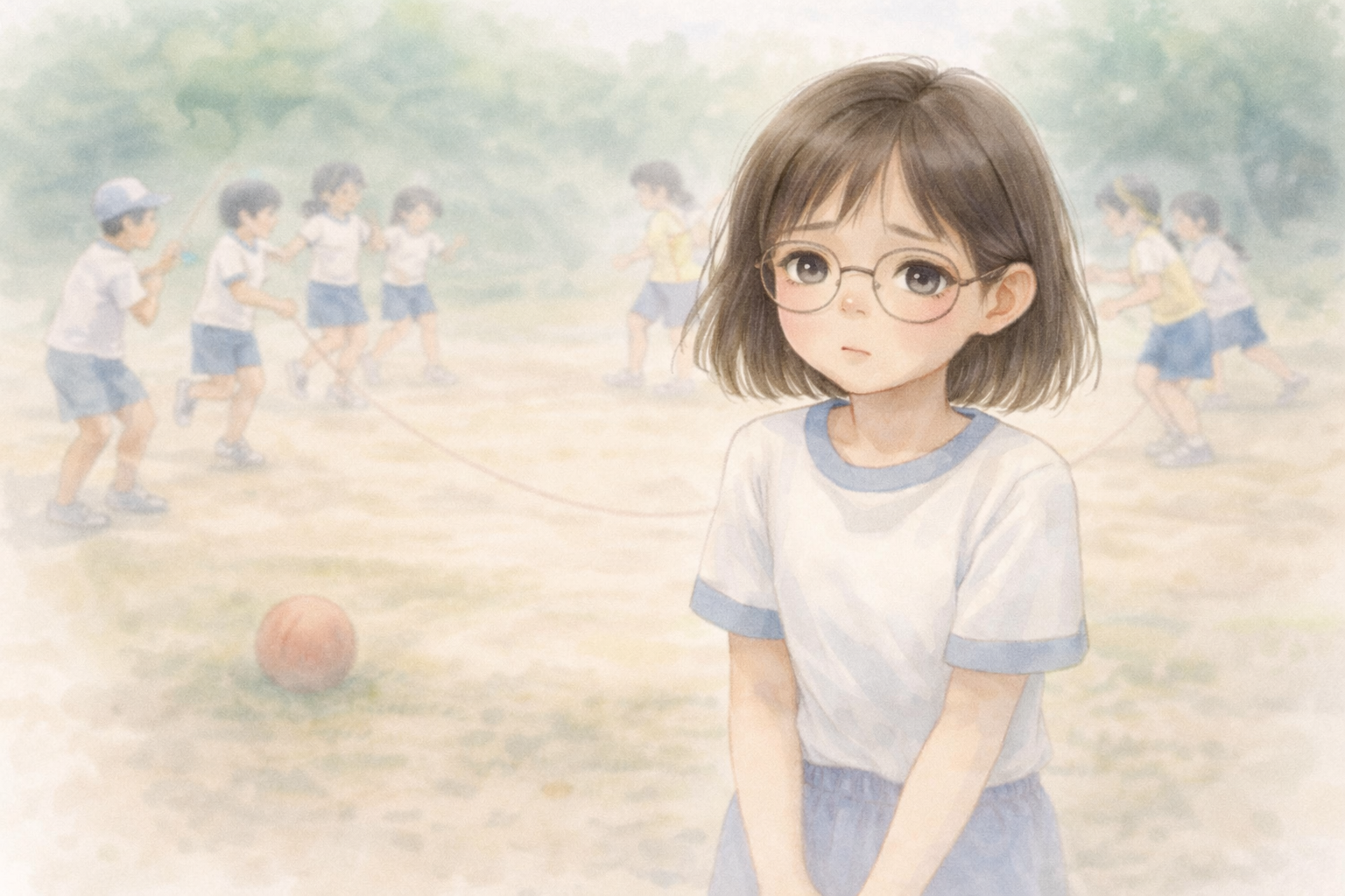 A watercolor illustration of a young girl feeling anxious because she struggles with jump rope and ball games.