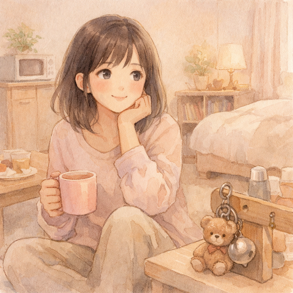 マグカップを持ちながら部屋でくつろぐ視覚障害の女性。柔らかな光と家具に囲まれた温かい雰囲気のイラスト。