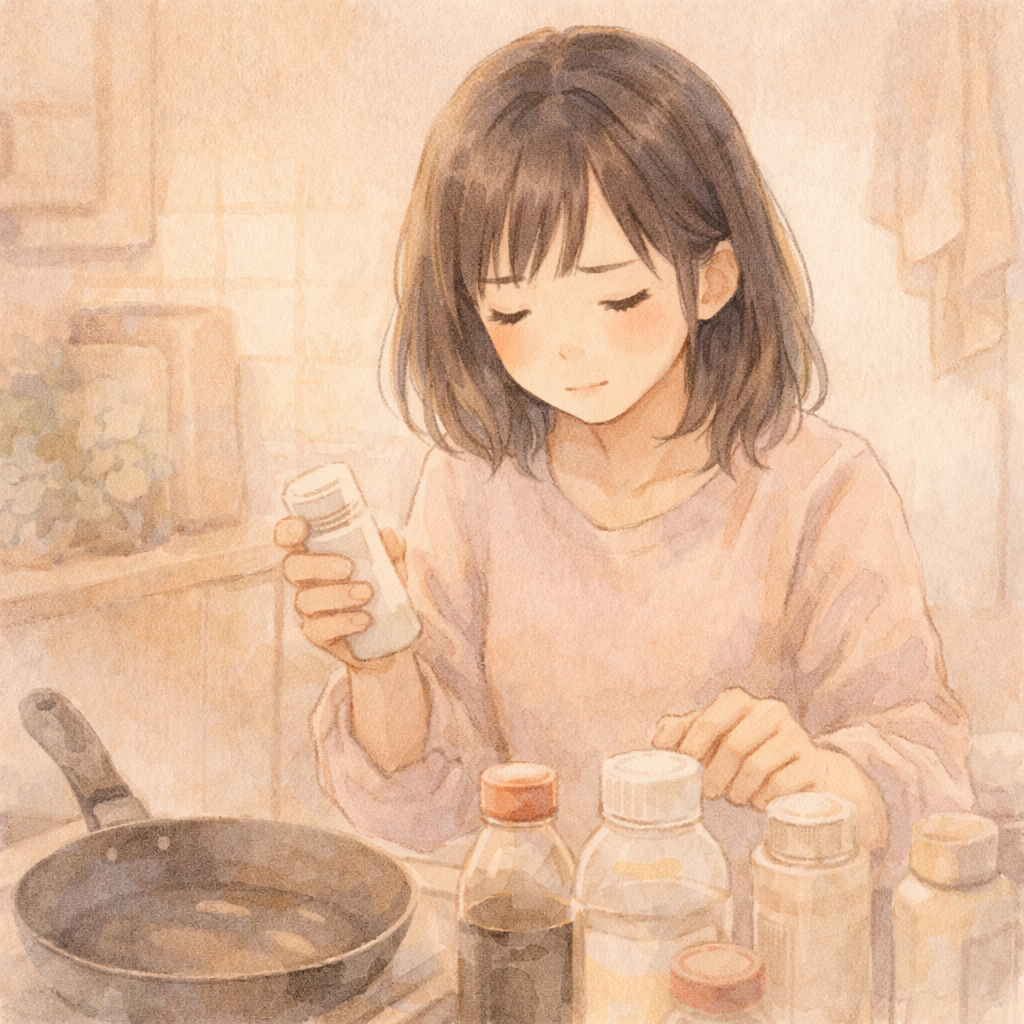 キッチンで調味料を手に持ち、慎重に料理をする視覚障害の女性。フライパンと調味料ボトルが並ぶ温かみのあるイラスト。