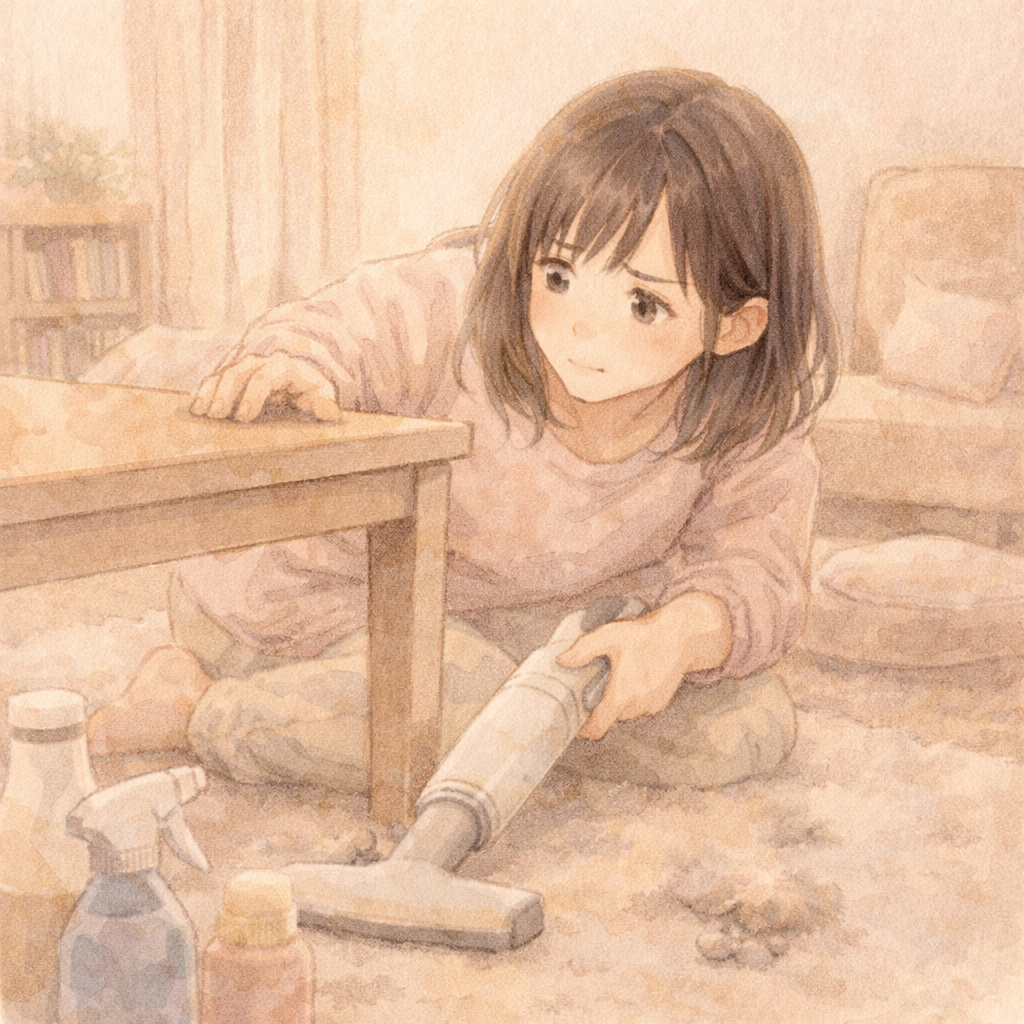 ローテーブルの下を掃除機で掃除する視覚障害の女性。カーペットの掃除に苦労する様子を描いたイラスト。