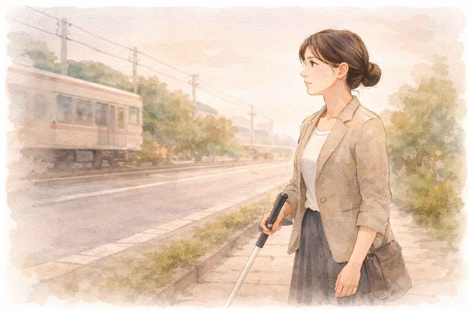 通勤路を白杖で確かめながら歩く若い女性のやわらかな水彩イラスト