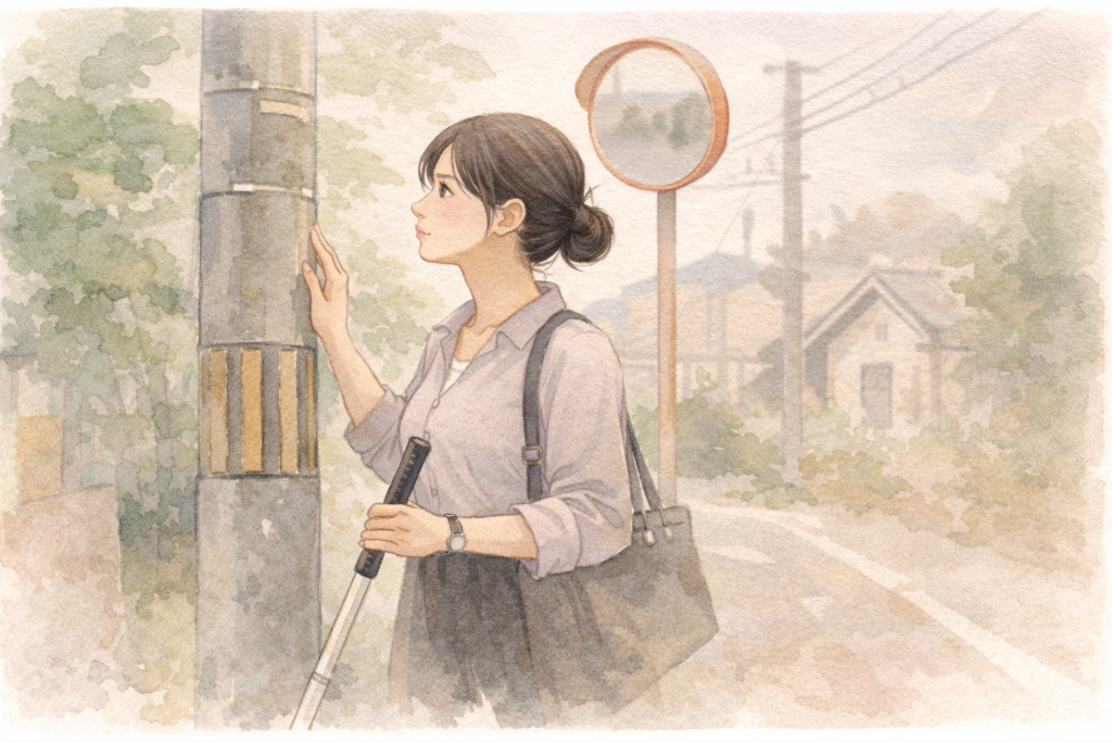 電柱やカーブミラーを目印にしながら歩く女性のイラスト