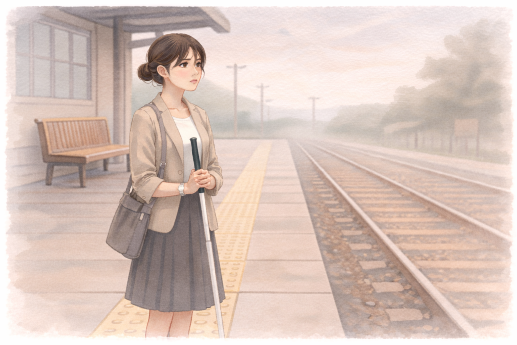 無人駅のホームで不安を抱えながら立つ女性のイラスト