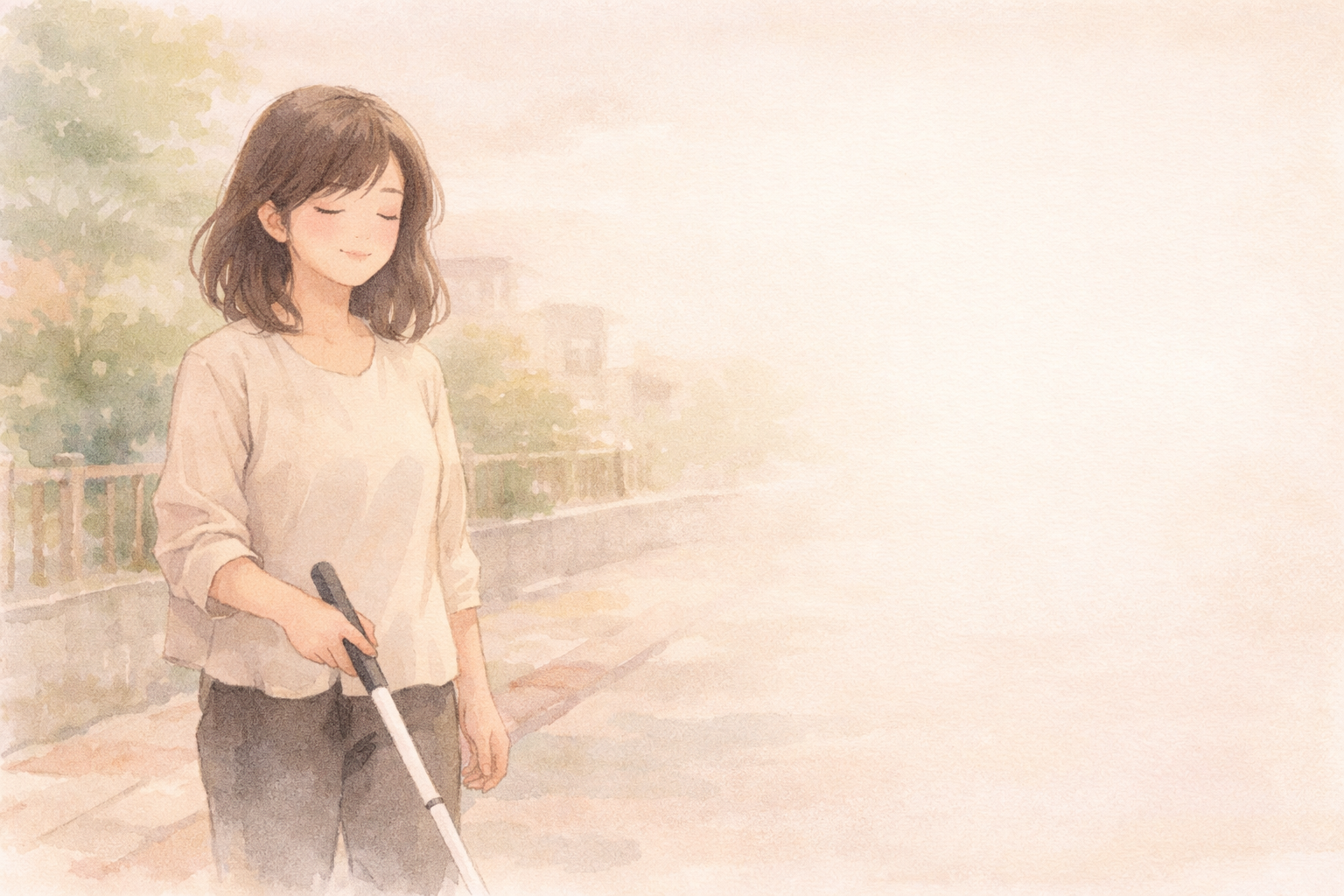 白杖を持って歩行訓練に向かう女性のやわらかなイラスト