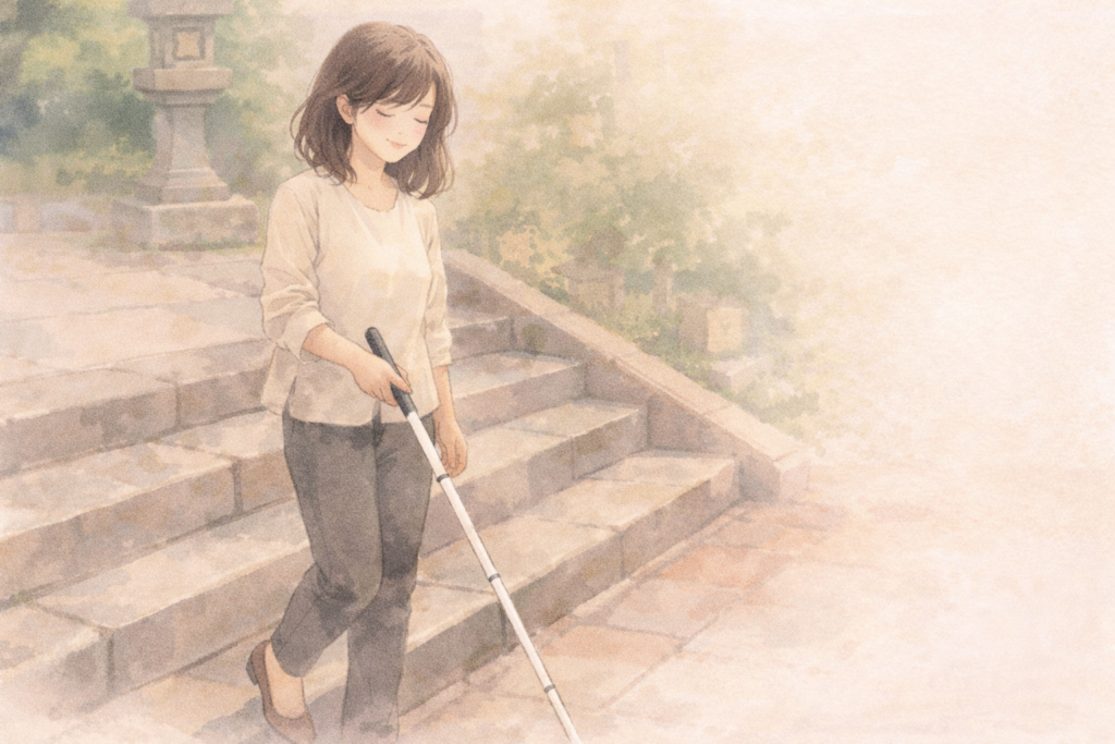 階段で白杖の使い方を練習する女性のイラスト