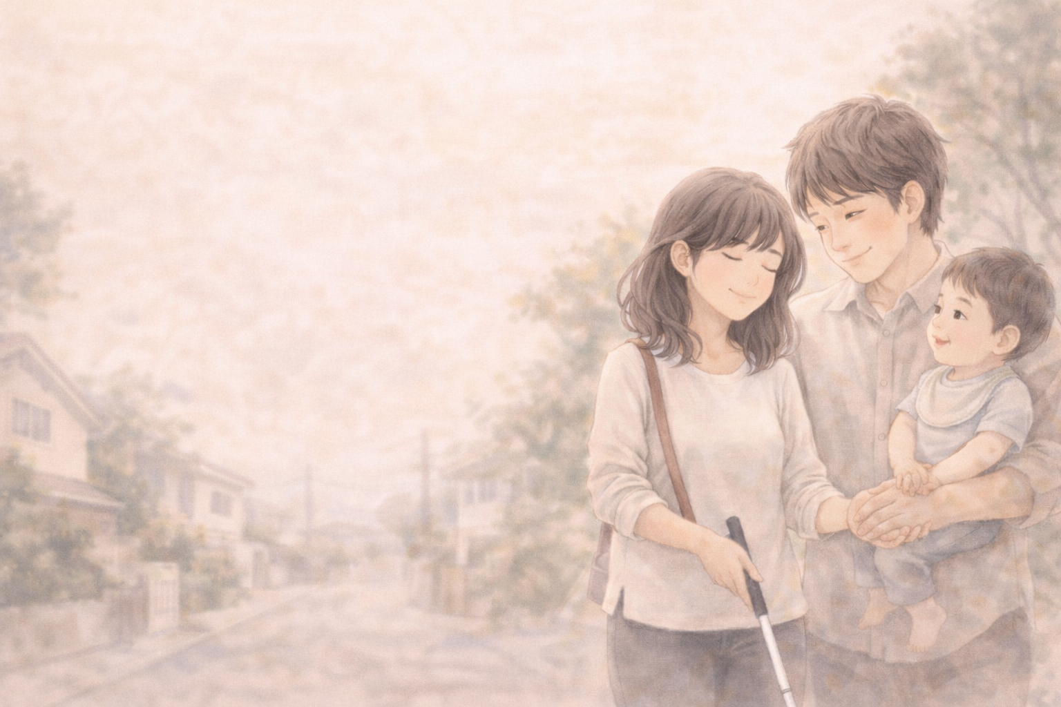 白杖を持つ女性とパートナー、幼い息子が住宅街で寄り添うやわらかな水彩イラスト