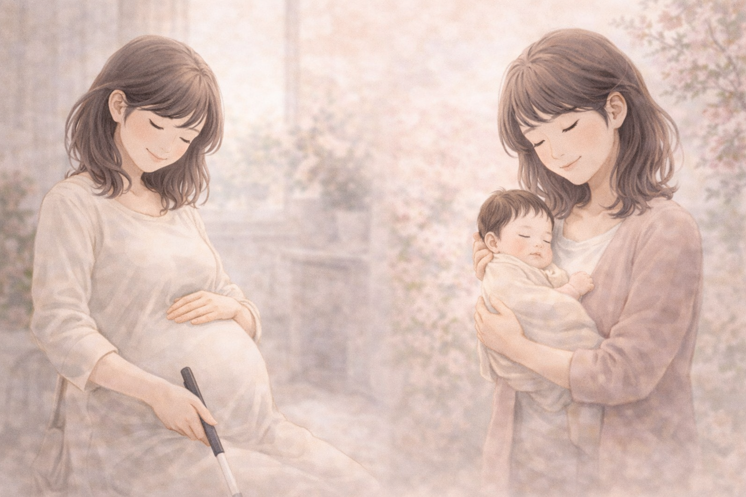 お腹に手を当てる妊婦の女性と、生まれた赤ちゃんを抱く母親の姿を描いたやわらかな水彩イラスト