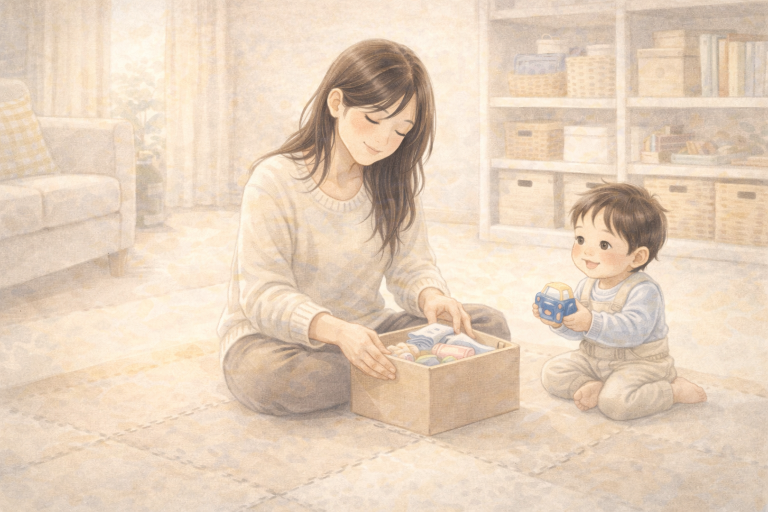 年末の大掃除で、床に座りながら断捨離をする全盲ママと息子の水彩イラスト