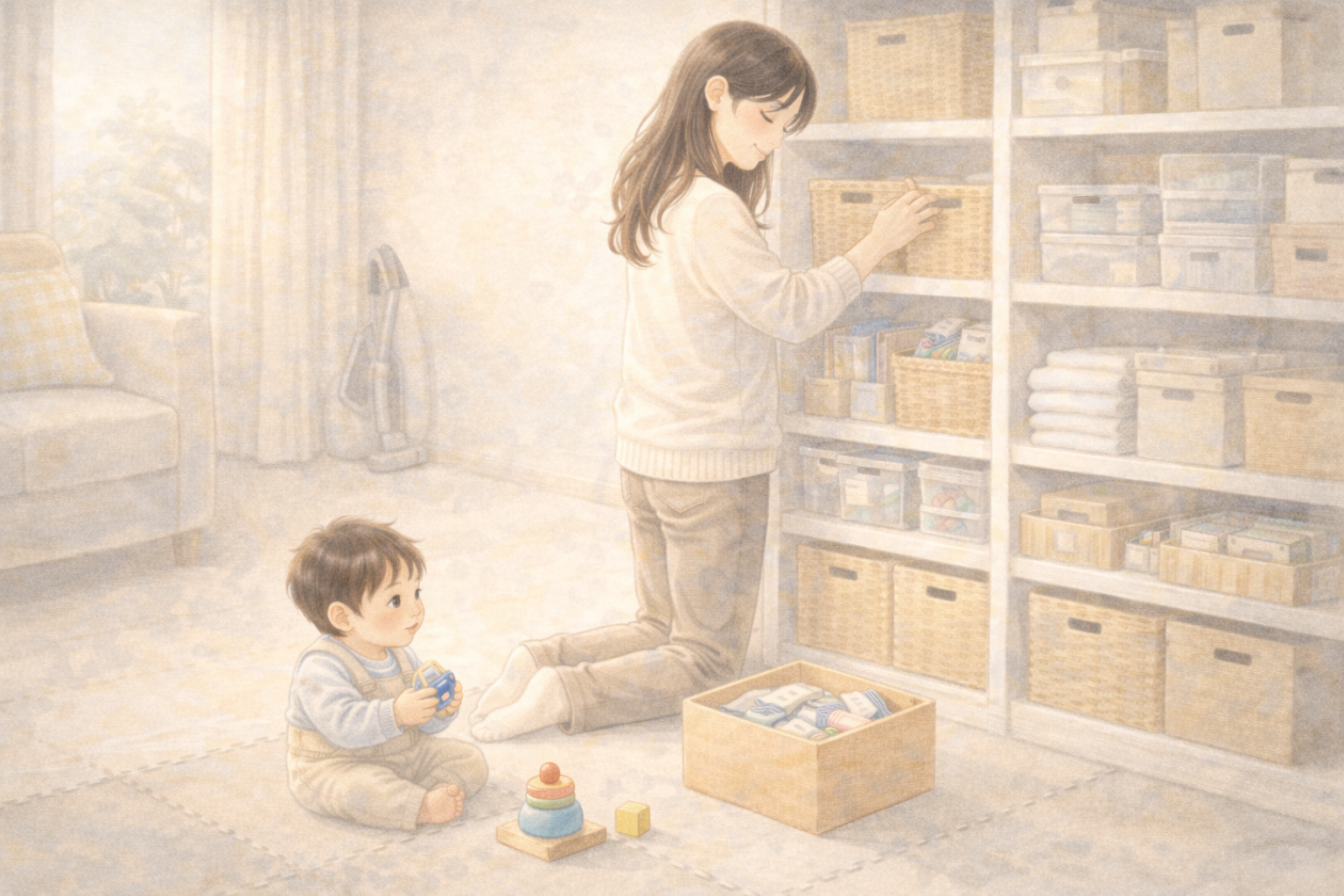 定位置ルールで整えた収納を手で確認する全盲ママの水彩イラスト