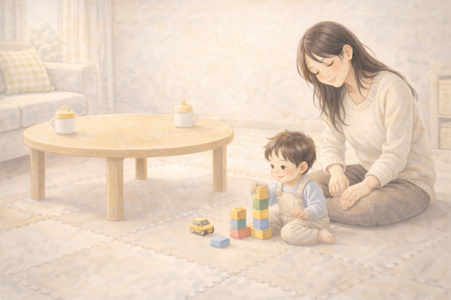 安全を考えて整えたリビングで、息子を見守る全盲ママの水彩イラスト