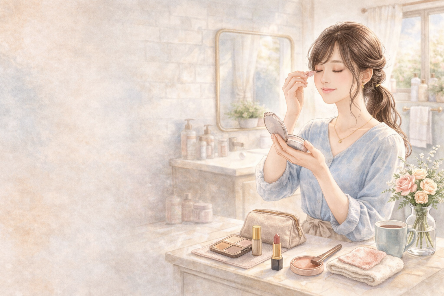 鏡を使わず指でアイシャドウを塗る29歳日本人女性。ソフトパステル水彩で描かれた低彩度・低コントラストのやわらかい時短メイクシーン。