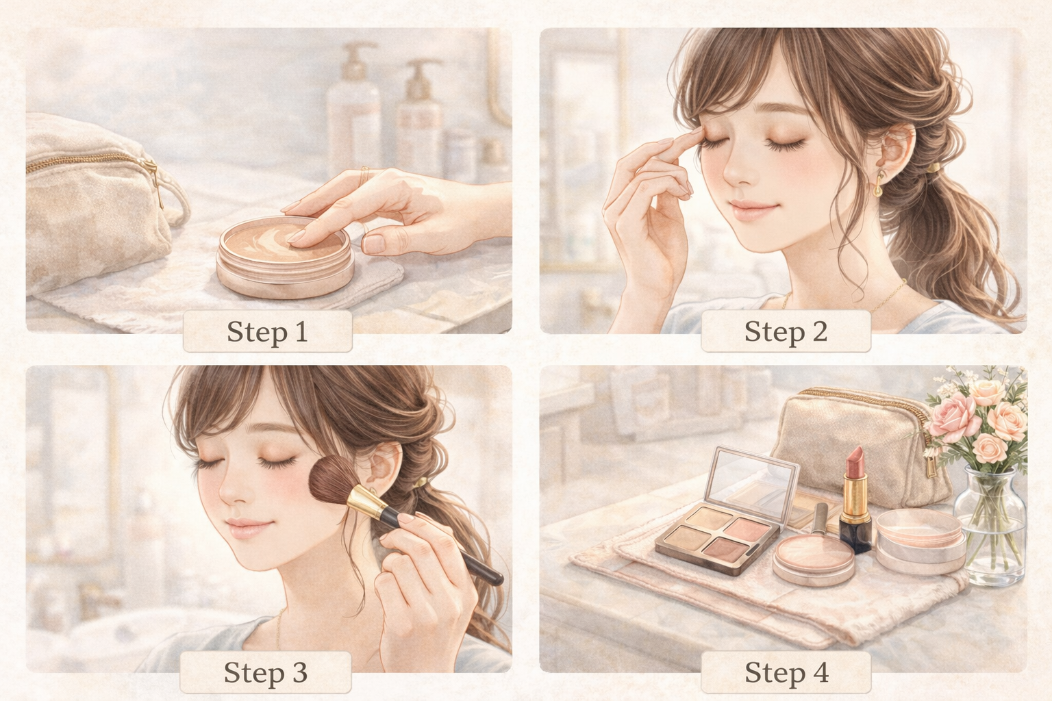 まぶたに薬指でアイシャドウをのせる日本人女性。目をやさしく閉じたソフトパステル水彩イラスト。