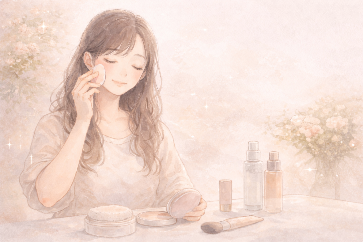 頬にファンデーションを塗る全盲ママのパステル画イラスト