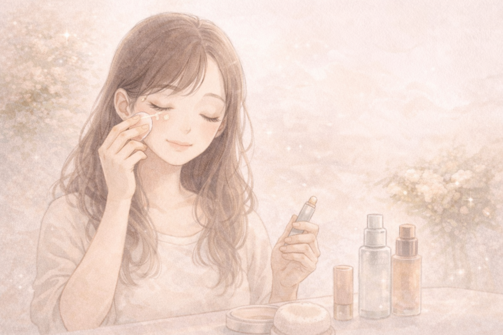 コンシーラーを指で馴染ませる全盲ママのパステル画イラスト