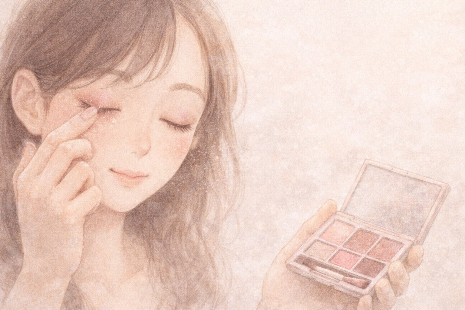 指でアイシャドウをまぶたに塗る全盲ママのパステル画イラスト。鏡を使わず、感覚でメイクを楽しむやさしい表情の女性が、明るいリビングの自然光の中で穏やかに微笑んでいる。