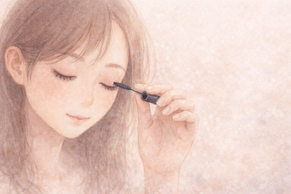 マスカラを慎重に塗る全盲ママのパステル画イラスト。鏡を使わず、静かな集中の中でメイクを楽しむ様子を描いた温かい雰囲気。