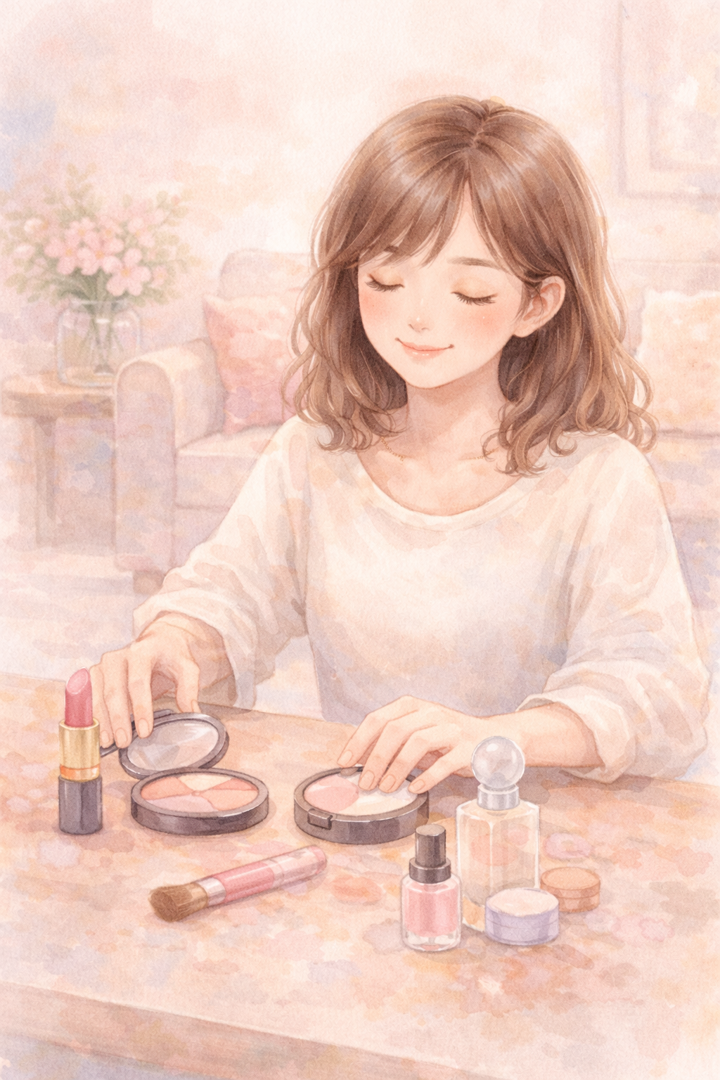 リビングテーブルにコスメを並べて触覚で確認する全盲ママのパステル画イラスト