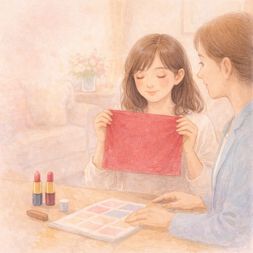 パーソナルカラー診断を受ける全盲ママのパステル画イラスト