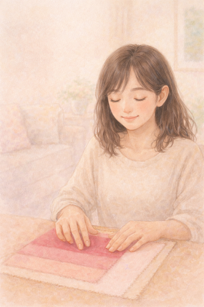 布見本を指で触って楽しむ全盲ママのパステル画イラスト。穏やかな表情で、ピンクやベージュの柔らかな色の布に指を滑らせながら感覚を味わっている様子。