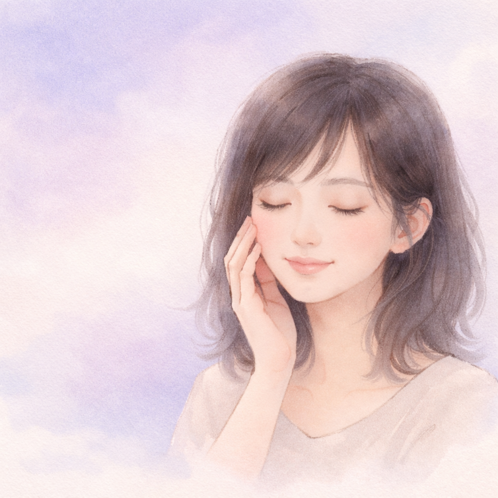 ラベンダーとくすみピンクのやわらかな背景の中、目を閉じて頬に触れる全盲ママを描いた淡い水彩イラスト。