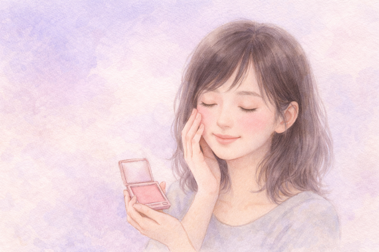 ピンク系チークを指で頬にぼかす全盲ママのパステル画イラスト