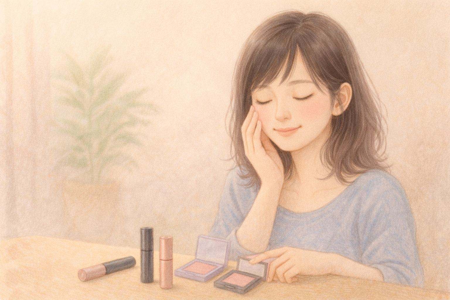 机に並べたコスメを指で触って選びながら、頬にチークをなじませる女性のパステル調イラスト