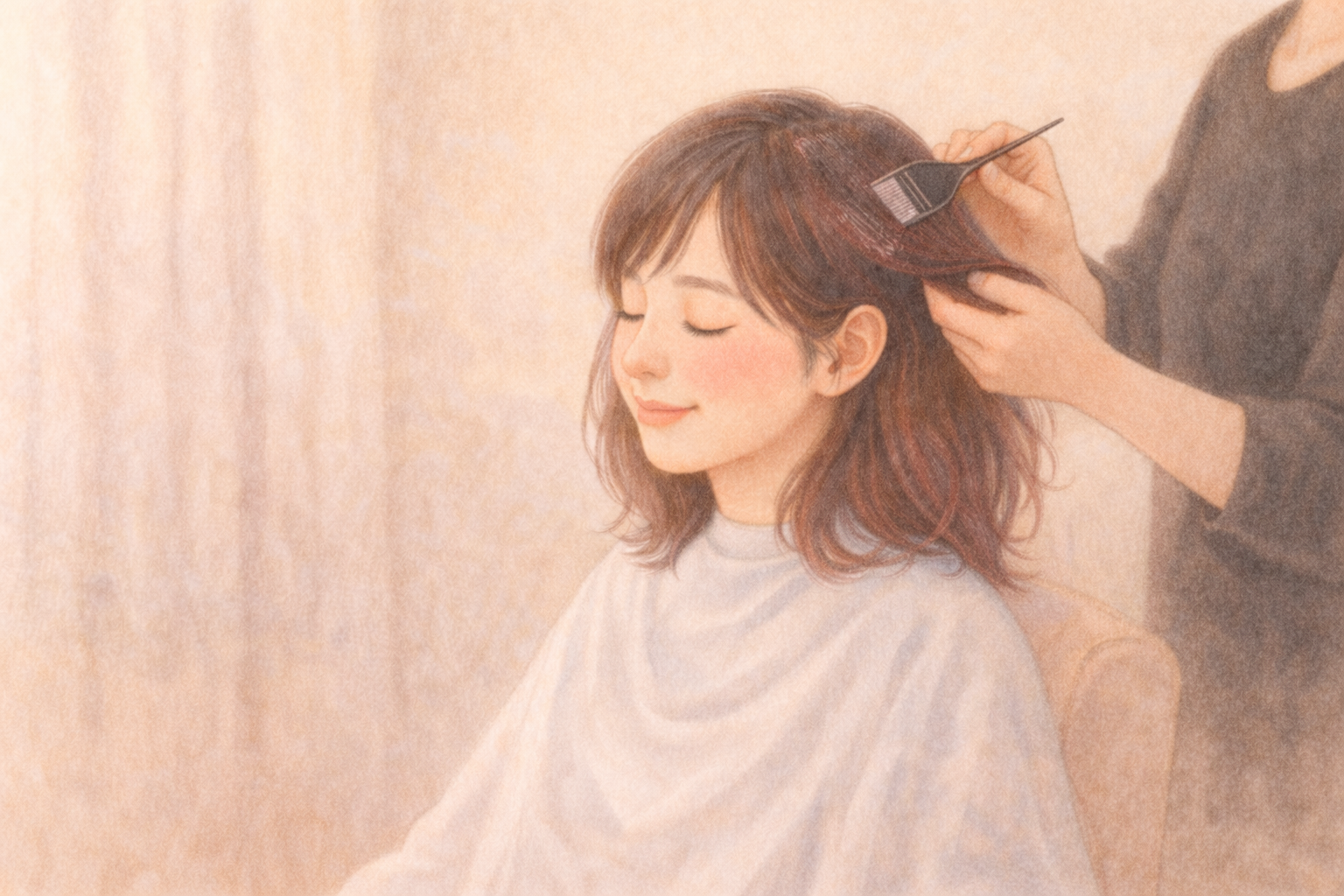 今回は思い切って 赤みのある明るめカラーに挑戦、微笑む女性のパステル調イラスト