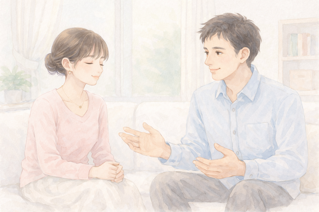 A watercolor illustration of a couple talking about their future life together.