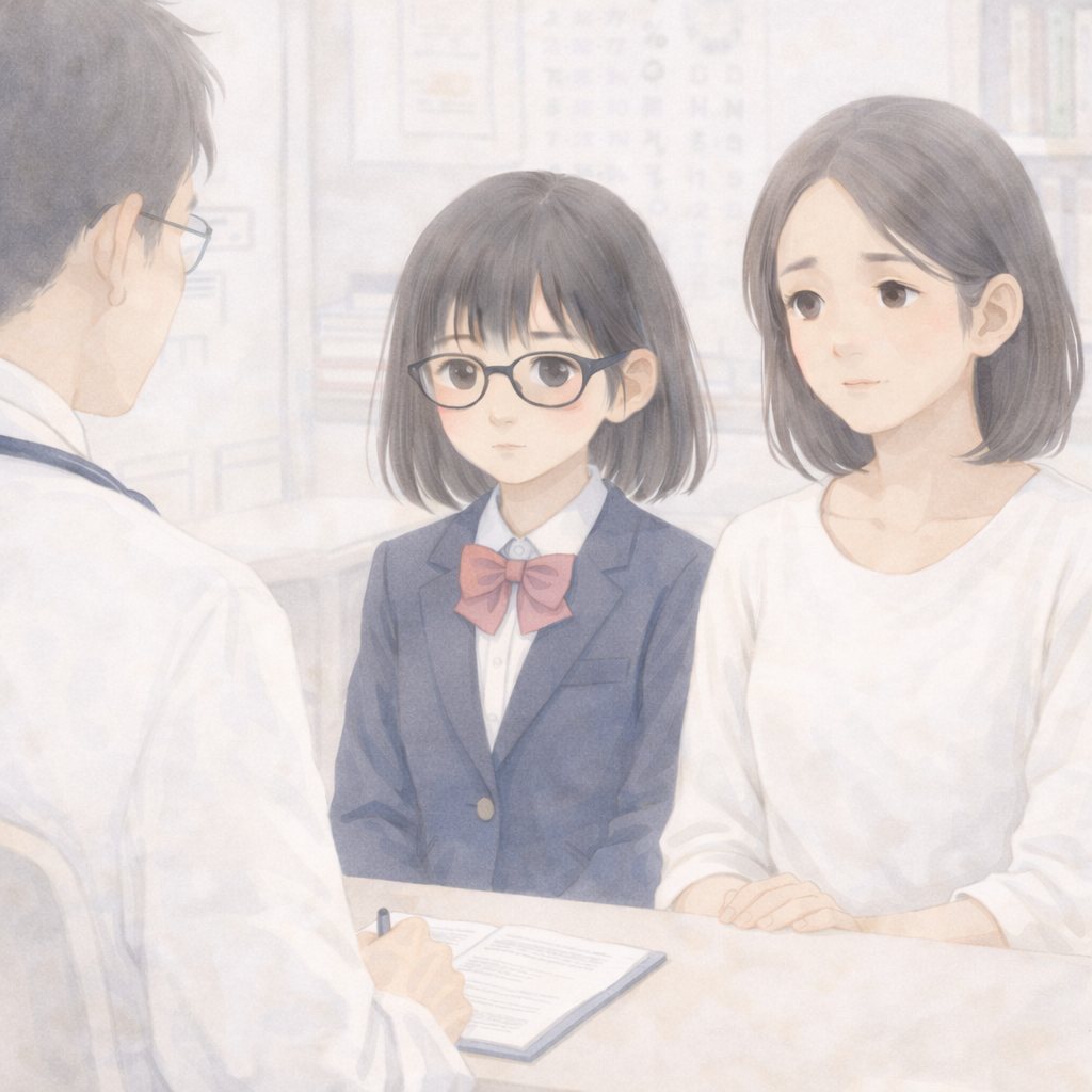 A watercolor illustration of a high school girl listening to a doctor explain her diagnosis in a hospital.