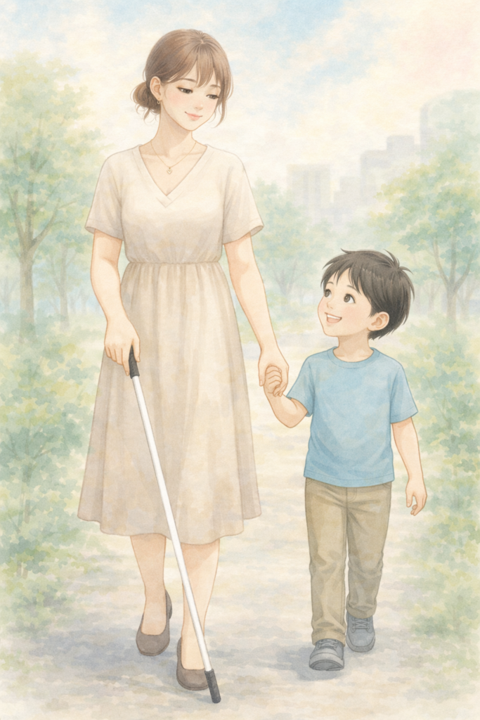 A symbolic watercolor illustration of a visually impaired mother walking into the future with her son while holding a white cane.