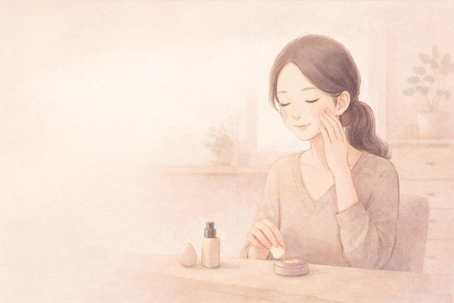 自宅でファンデーションを塗っている女性のやわらかいパステルイラスト