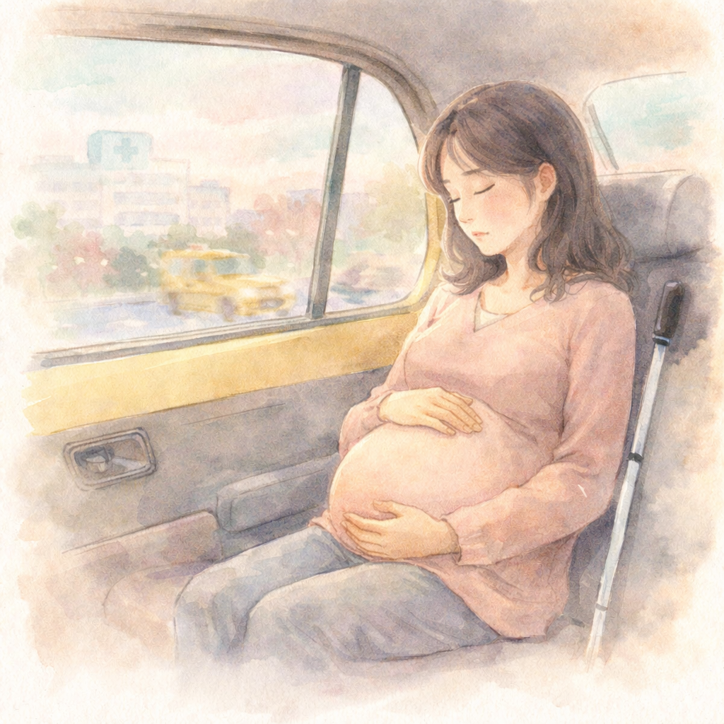 タクシーの後部座席でお腹に手を添え静かに座る妊婦のパステル水彩イラスト