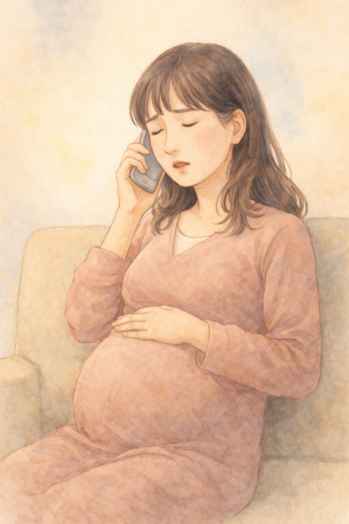 電話で病院に相談する妊婦の水彩イラスト