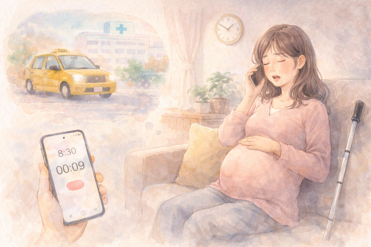 ソファに座った妊婦がスマートフォンを耳に当てながらお腹に手を添えている柔らかなパステル水彩イラスト