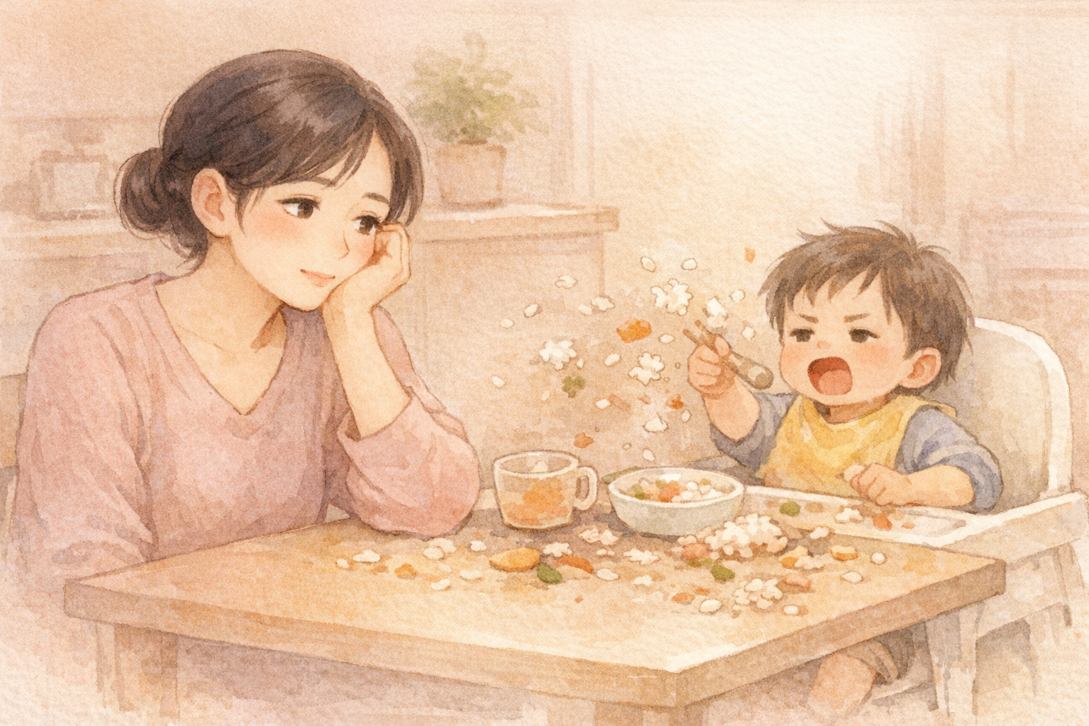 食事中に1歳の子どもがご飯をこぼして少し疲れた表情の母親のやさしい水彩イラスト