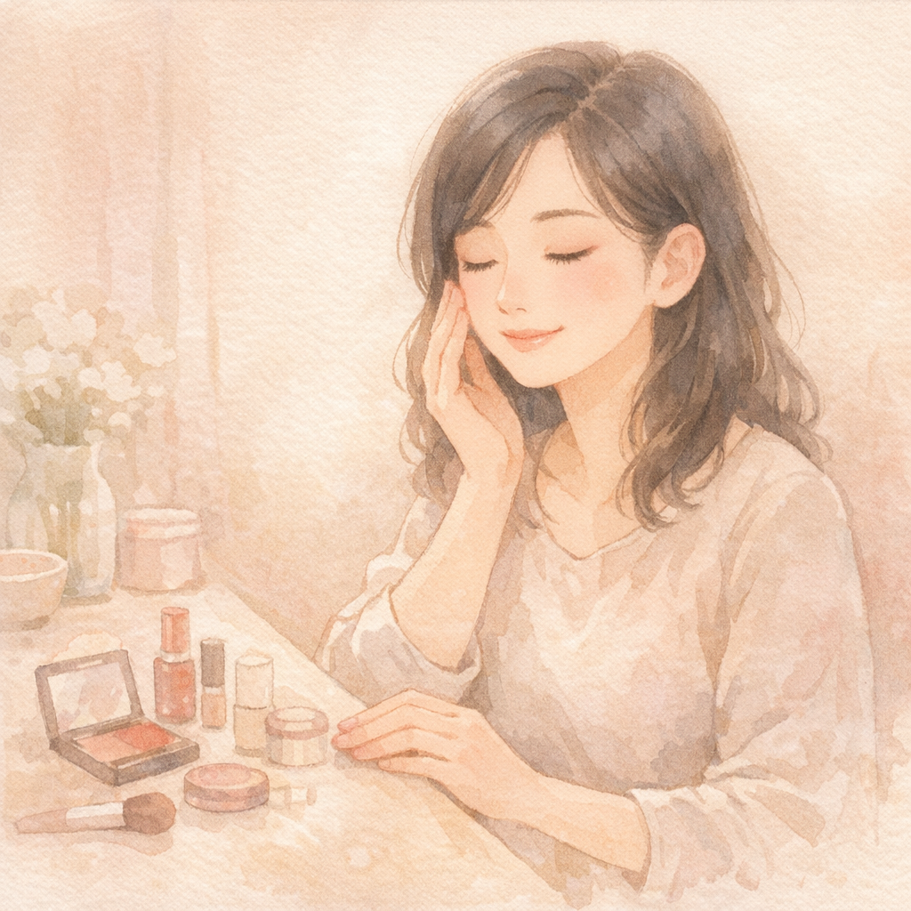 やわらかな光の中で穏やかにメイクを楽しむ女性のイメージ