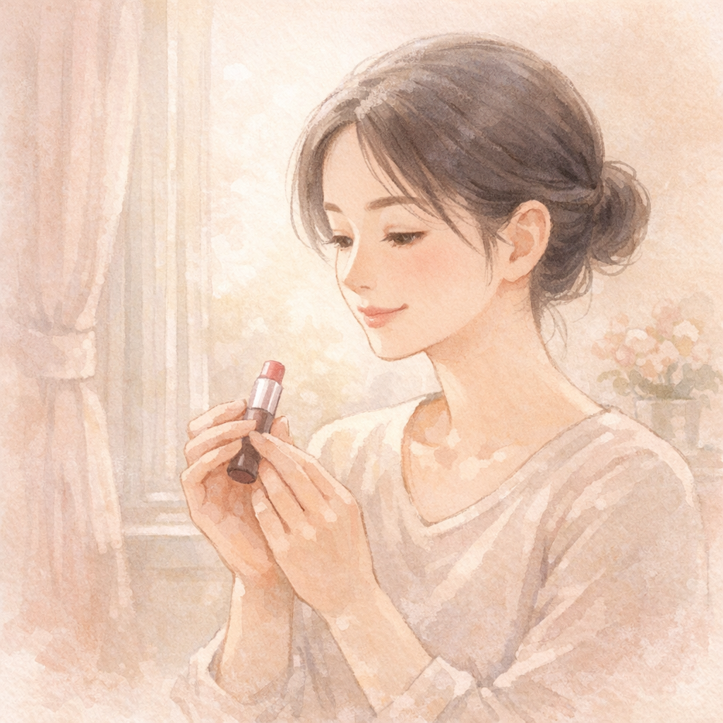 やわらかな朝の光に包まれながら、リップを手にそっと微笑むひととき。 はじめてのメイクに少しだけ勇気を出す、その静かであたたかな気持ちを表現しました。
