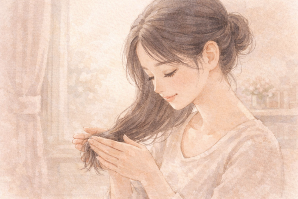 手のひらでオイルをなじませて、髪の毛先にやさしくつけている様子