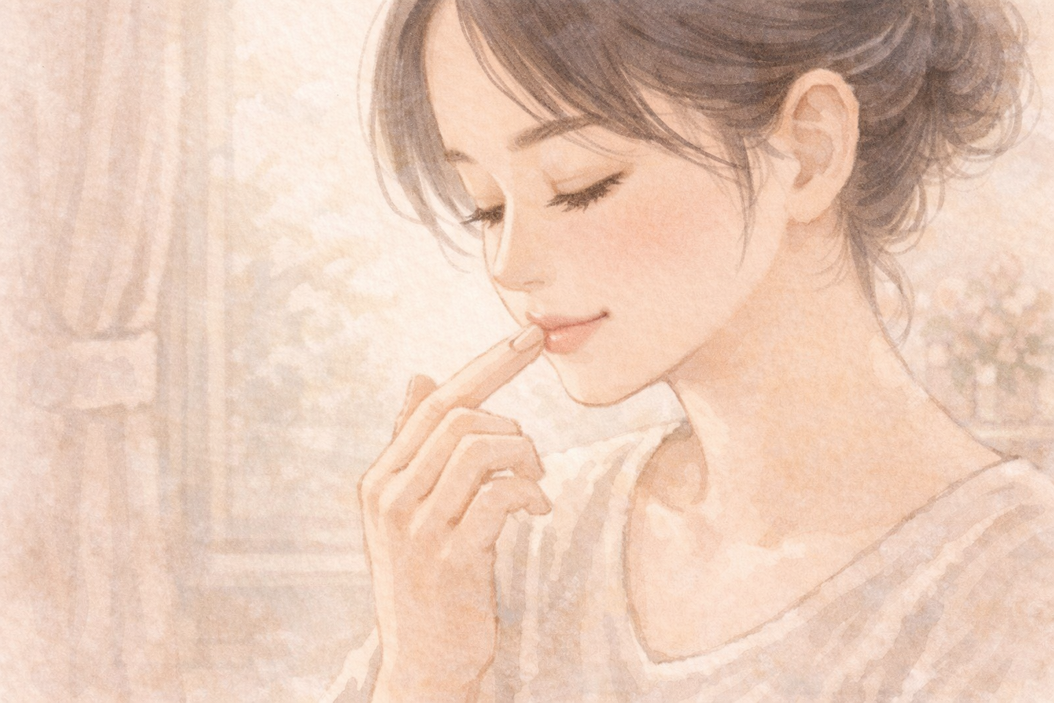 指で唇のふちをやさしく整えながら、リップをなじませている落ち着いた表情の女性のクローズアップ