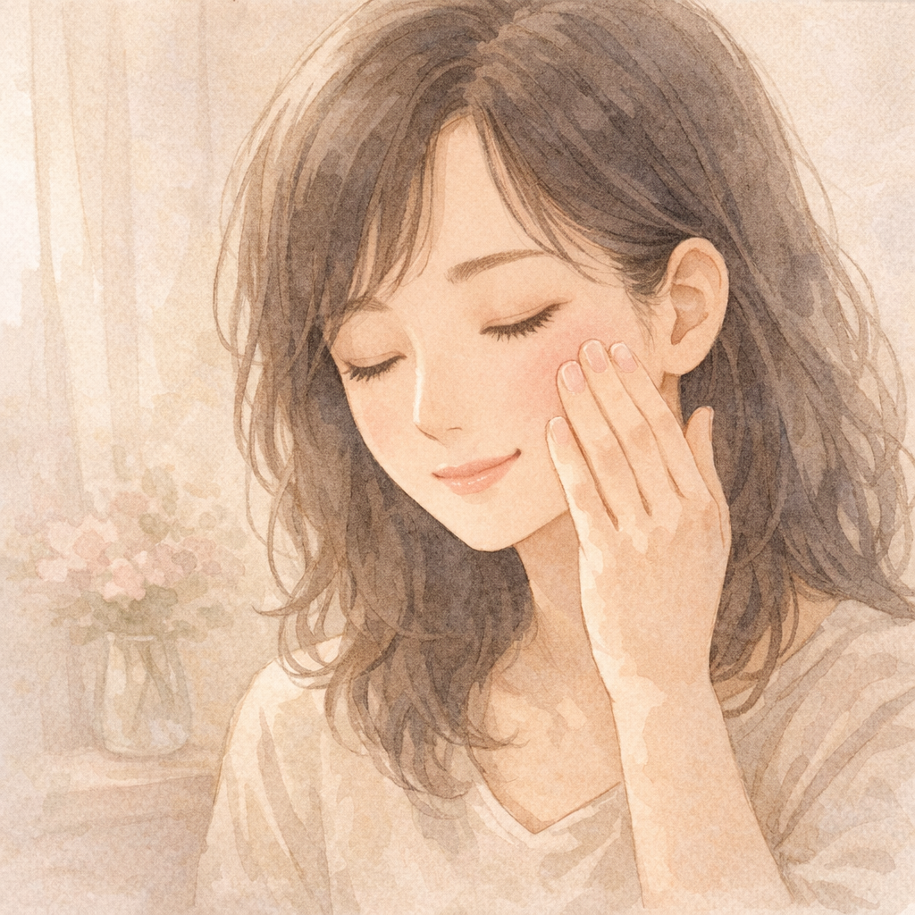 指でやさしく頬にチークをなじませる、落ち着いた表情の女性のクローズアップ