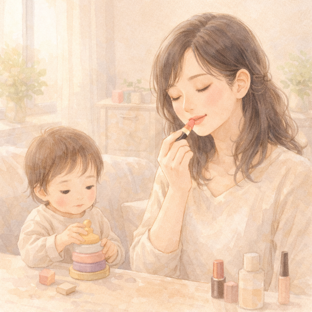 子どものそばでリップを塗りながら手早く身支度を整える、やわらかな朝の風景