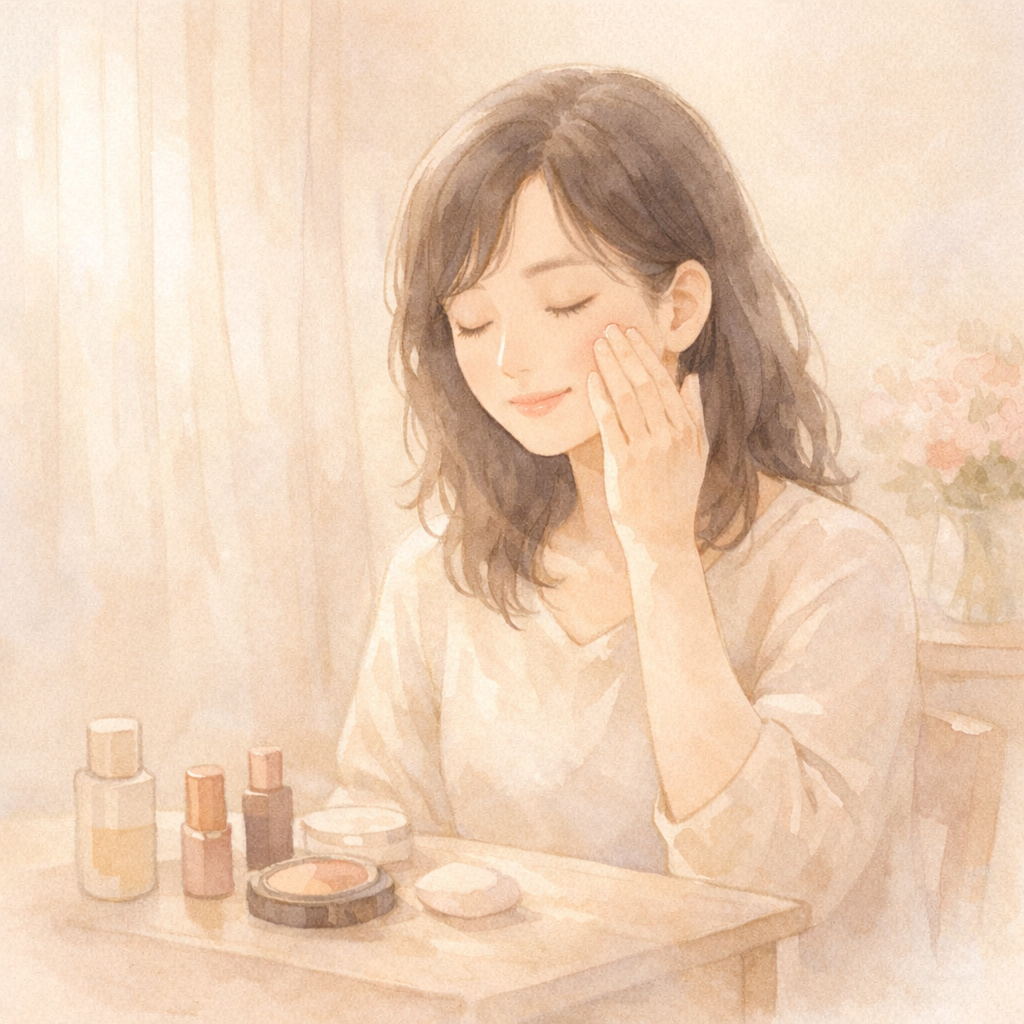 朝のやわらかな光の中で落ち着いてメイクをする女性