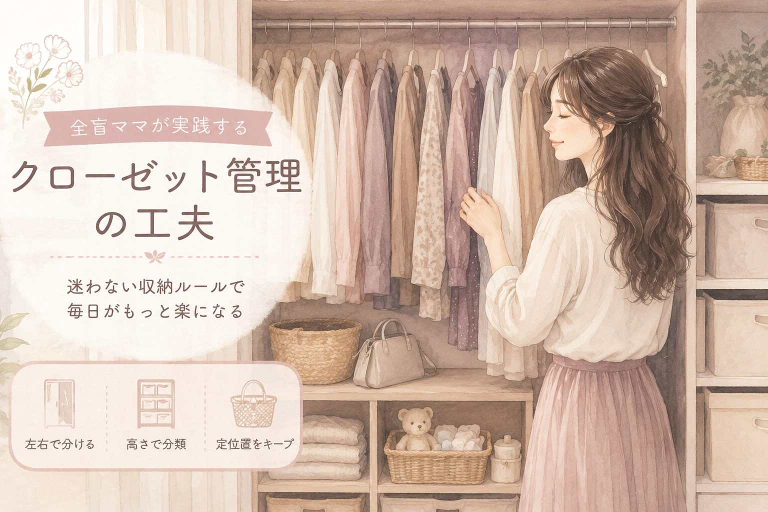 クローゼットの前で落ち着いて衣類を整理する女性