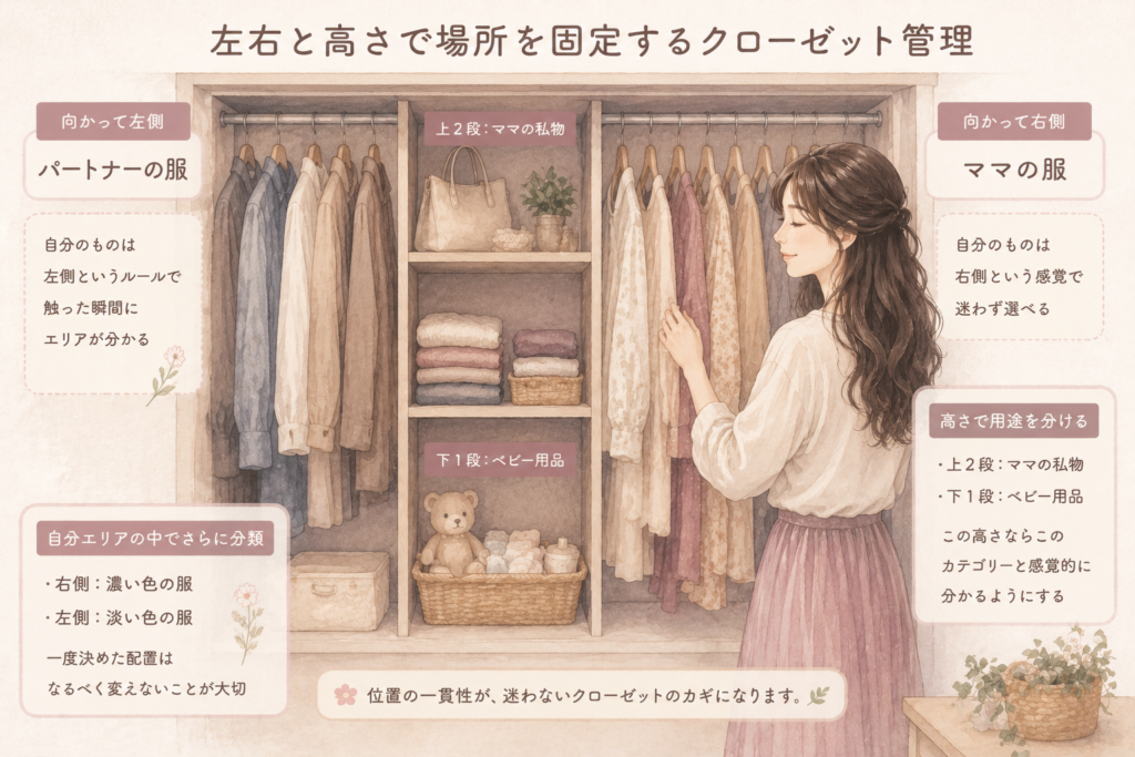 左右と高さで収納エリアを分けたクローゼットを、女性が手で確認しながら整理している様子