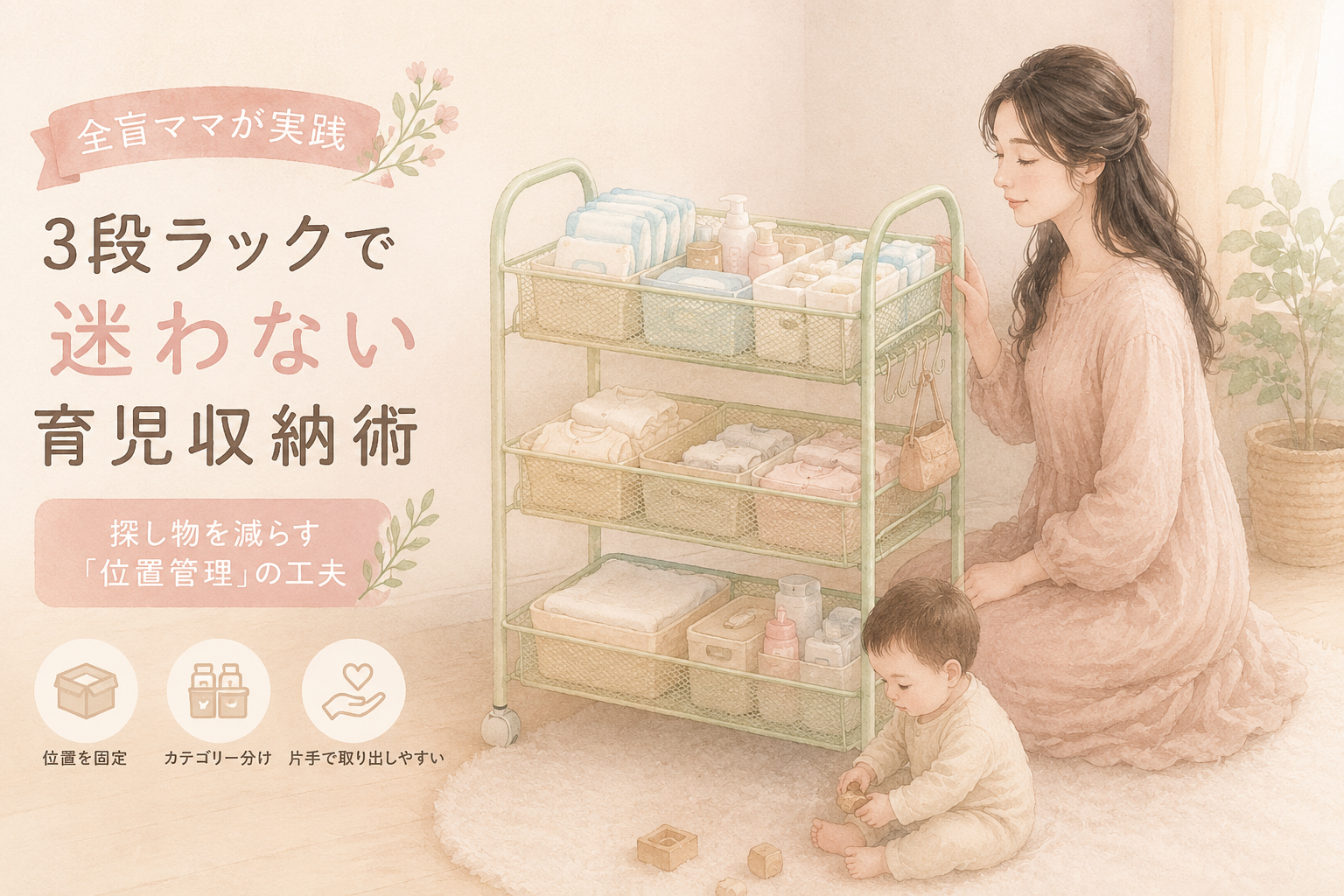 ベビー用品収納と全盲ママと赤ちゃんの水彩イラスト
