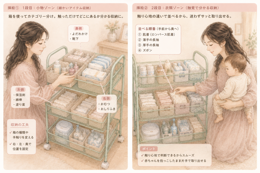 3段ラックの赤ちゃん用品を箱ごとに分けて、触って分かるように収納している様子